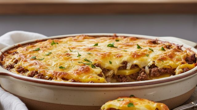 Ātrais kartupeļu sacepums ar malto gaļu un sieru attēls