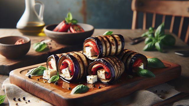 Baklažānu rullīši ar ceptu papriku un fetas sieru attēls
