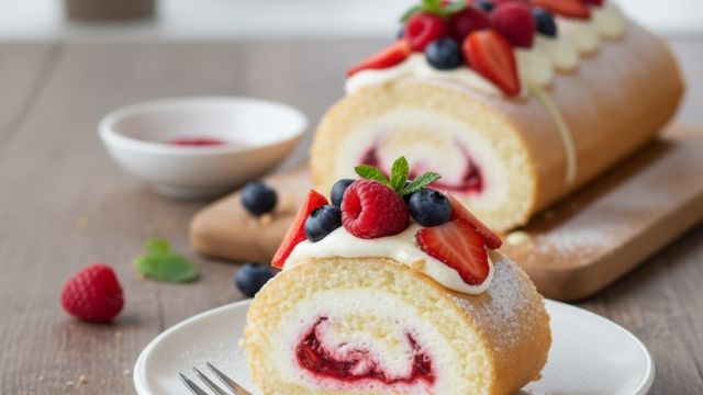 Biskvīta rulete ar krējumu un zemenēm attēls