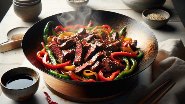 Čili - medus liellopa steiks wok ar papriku un sezamu attēls