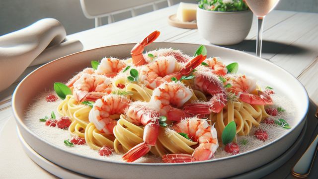 Citrusaugļu un garneļu pasta ar rīvētu parmezāna sieru attēls
