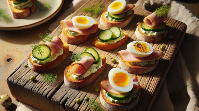 Crostini uzkoda ar paipalu olu, marinētu gurķi un šķiņķa krēmu attēls