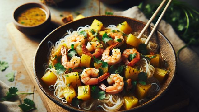 Garneļu wok ar stikla nūdelēm, ananāsu, koriandru un kokosriekstu - karija mērci attēls