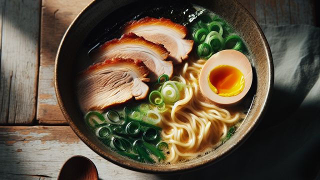 Japānas ramen zupa ar cūkgaļas "chashu" un mīksti vārītu olu attēls