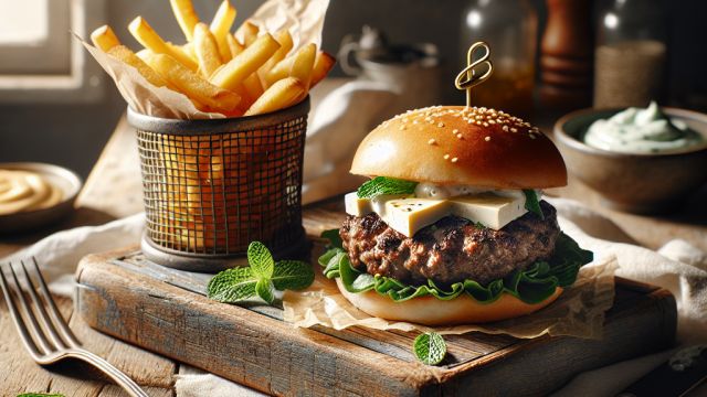 Jēra burgers ar fetu un piparmētru - jogurta mērci attēls