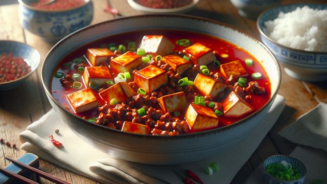 Ķīnas "Mapo Tofu" ar malto liellopu gaļu un Sečuānas pipariem attēls
