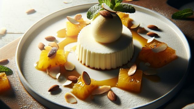 Kokosa ganašs ar ananasiem, karamelizētām mandelēm un kokosa-piparmētru sorbetu attēls