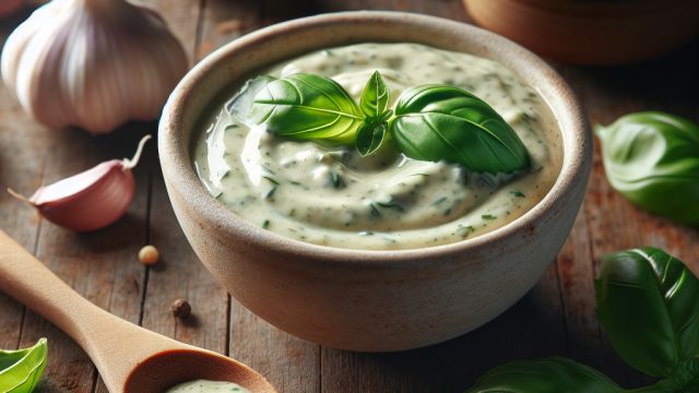 Krēmīgā ķiploku mērce ar baziliku attēls