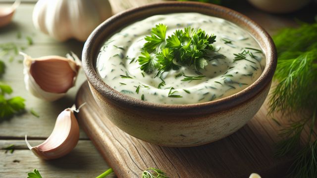 Krēmīgā ķiploku mērce ar zaļumiem attēls