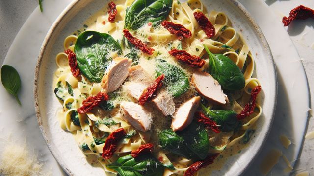 Krēmīgā vistas pasta ar spinātiem un saulē žāvētām tomātēm attēls