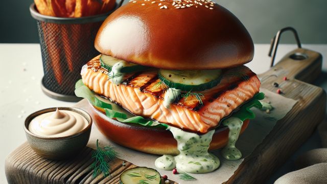 Laša burgers ar terejaki mērci, wasabi majonēzi un marinētām gurķu lentēm attēls