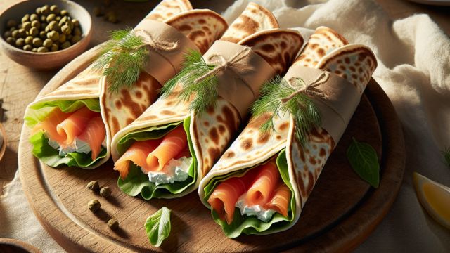 Lavaša rolls ar lasi, krēmsieru un aisberga salātiem attēls