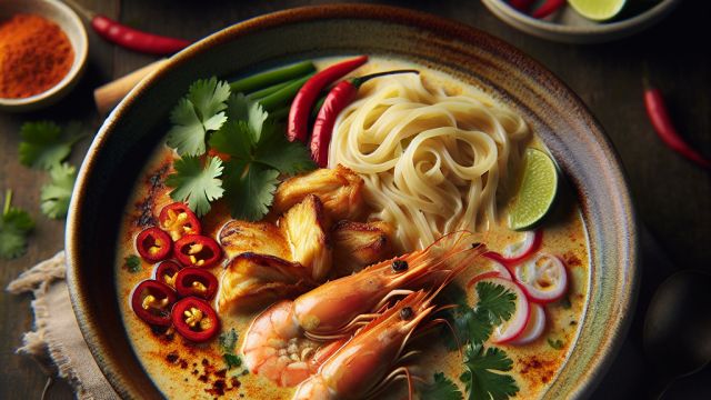 Malaiziešu kokosriekstu "Laksa" ar vistu un tīģergarnelēm attēls