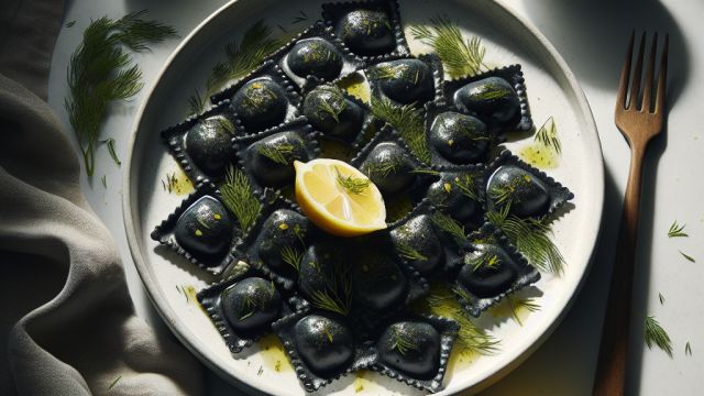 Melnie ravioli ar kūpinātu lasi attēls