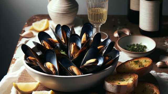 Mīdijas sautētas baltvīnā ar ķiploku maizi attēls