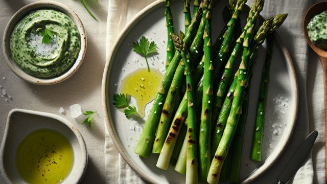 Pavasara sparģeļi ar zaļumu aioli attēls