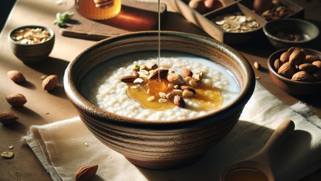 Putra vārīta pienā ar medu un riekstiem attēls