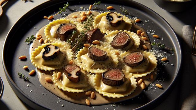 Ravioli ar brieža gaļu, austersēņu saldkrējuma mērci, pīniju riekstiem un cieto sieru attēls