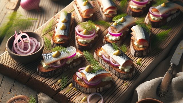 Rudzu crostini uzkoda ar siļķi, karamelizētiem sarkanajiem sīpoliem un dižonas sinepēm attēls