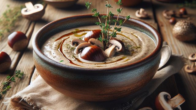 Samtainā sēņu - ēdamo kastaņu zupa ar timiānu attēls
