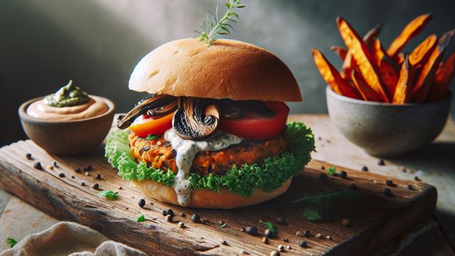Sēņu un melno pupiņu vegāniskais burgers ar trifeļu - aioli mērci attēls