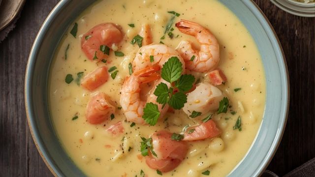 Siera zupa ar garnelēm un lasi attēls