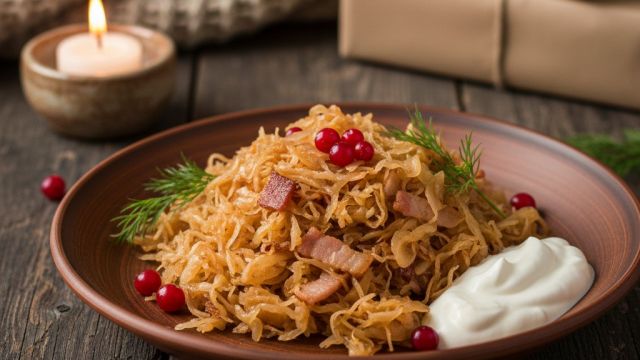 Štovēti kāposti ar žāvētām desiņām attēls