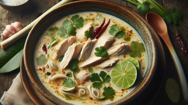 Taizemes kokosriekstu "Tom Kha" ar vistu attēls
