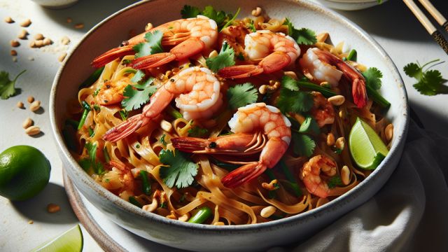 Taizemes “Pad Thai” ar garnelēm un zemesriekstu pārslu lietu attēls