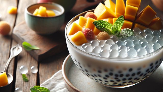 Tapiokas pērlīšu deserts ar mango, līčēm un kokosriekstu pienu attēls