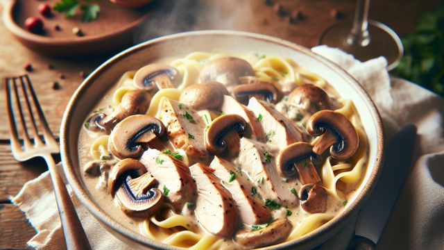 Tītara filejas stroganovs ar sēnēm attēls