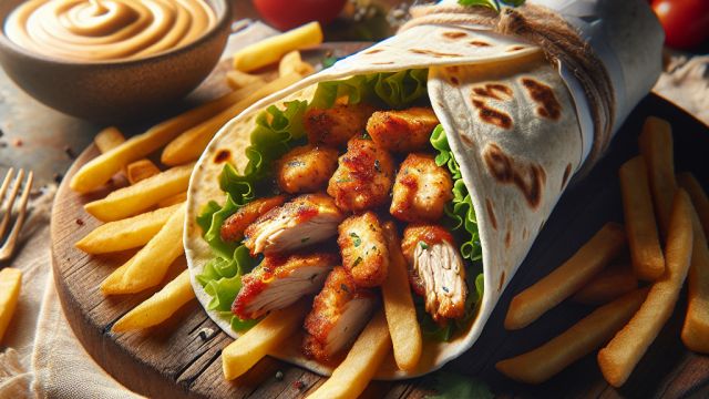 Tortilja ar vistas gaļu un kartupeļiem frī attēls