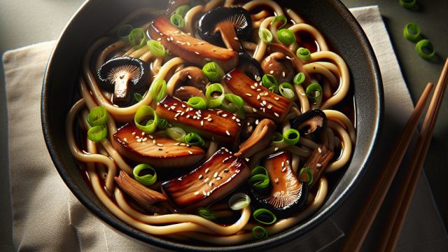 Udon nūdeles ar cūkgaļu un shitake sēnēm wok stilā attēls