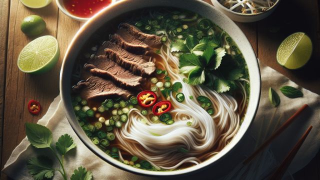 Vjetnamas "Pho" liellopa buljons ar rīsu nūdelēm attēls