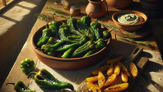 Zaļie pipari padron ar grilētiem kartupeļiem attēls